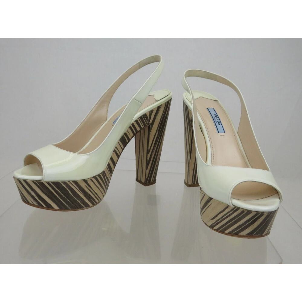 NIB PRADA 1Z647D WHITE PATENT LEATHER WOOD PLATFORM SANDALS PUMPS 40.5 ITALY - Picture 6 of 11